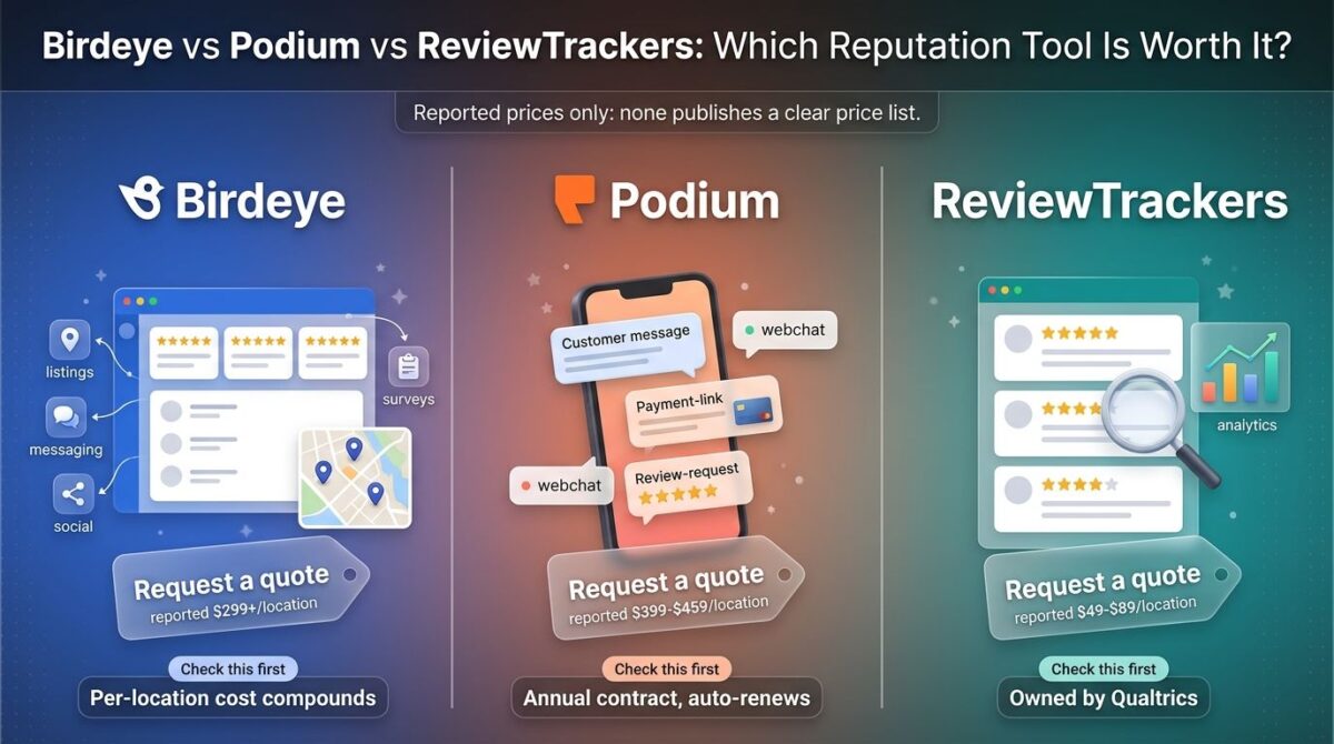 Birdeye, Podium, and ReviewTrackers compared side by side as reputation management tools, showing Birdeye's multi-feature dashboard, Podium's text-message inbox on a phone, and ReviewTrackers' review feed, each with its price hidden behind a "Request a quote" card.