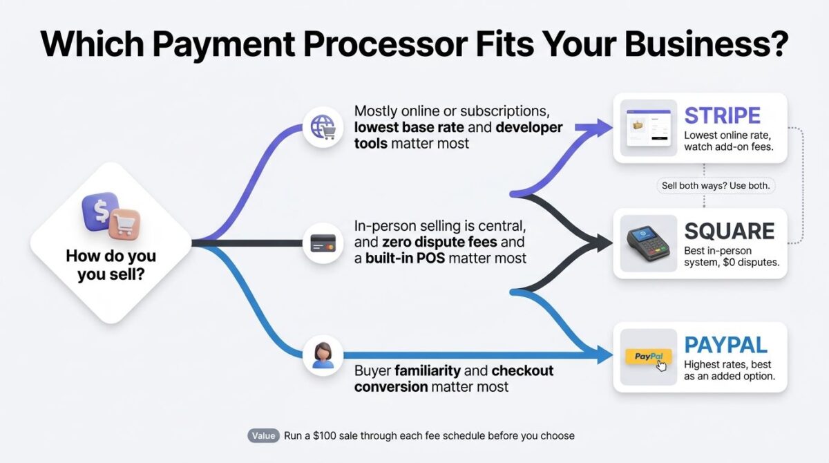 Decision flowchart for choosing a payment processor, branching from how you sell into three paths: mostly online or subscriptions leading to Stripe, in-person selling with no dispute fees leading to Square, and buyer familiarity leading to PayPal, with a dotted link showing Stripe and Square can be used together.