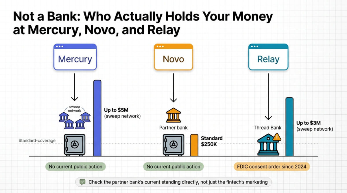 Mercury vs Novo vs Relay, Structure diagram showing who actually holds the money behind three fintech business accounts: Mercury routing deposits through multiple partner banks and a sweep network for coverage up to $5 million, Novo using a single partner bank with standard $250,000 coverage, and Relay holding deposits at Thread Bank with sweep coverage up to $3 million and an FDIC consent order in place since 2024.