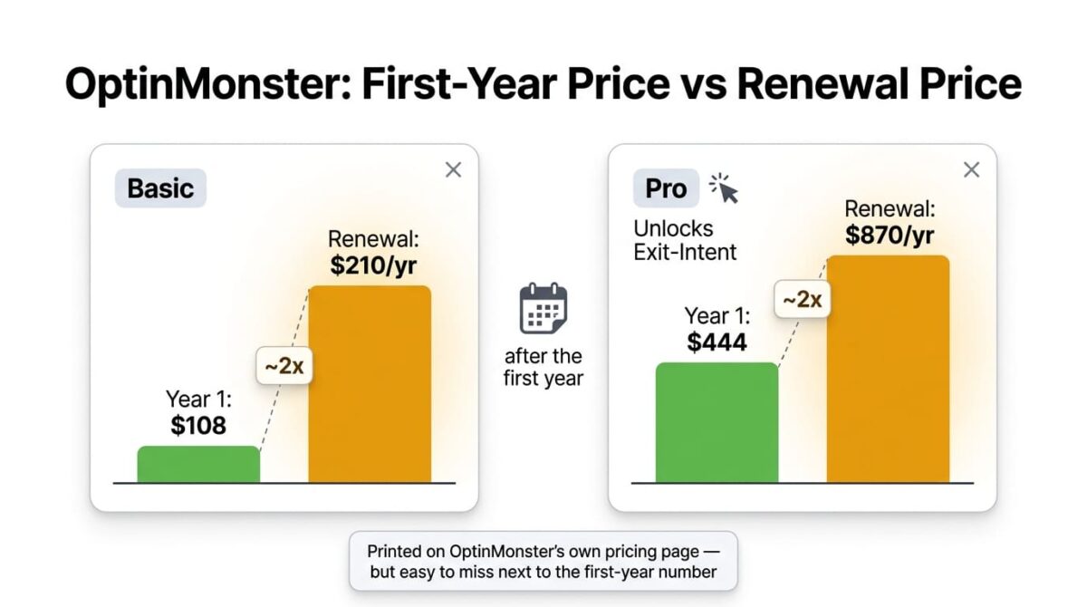 Paired bar graphic inside two popup-shaped cards showing OptinMonster's Basic plan rising from 108 dollars in the first year to 210 dollars at renewal, and its Pro plan rising from 444 dollars to 870 dollars at renewal, each roughly double the first-year rate.