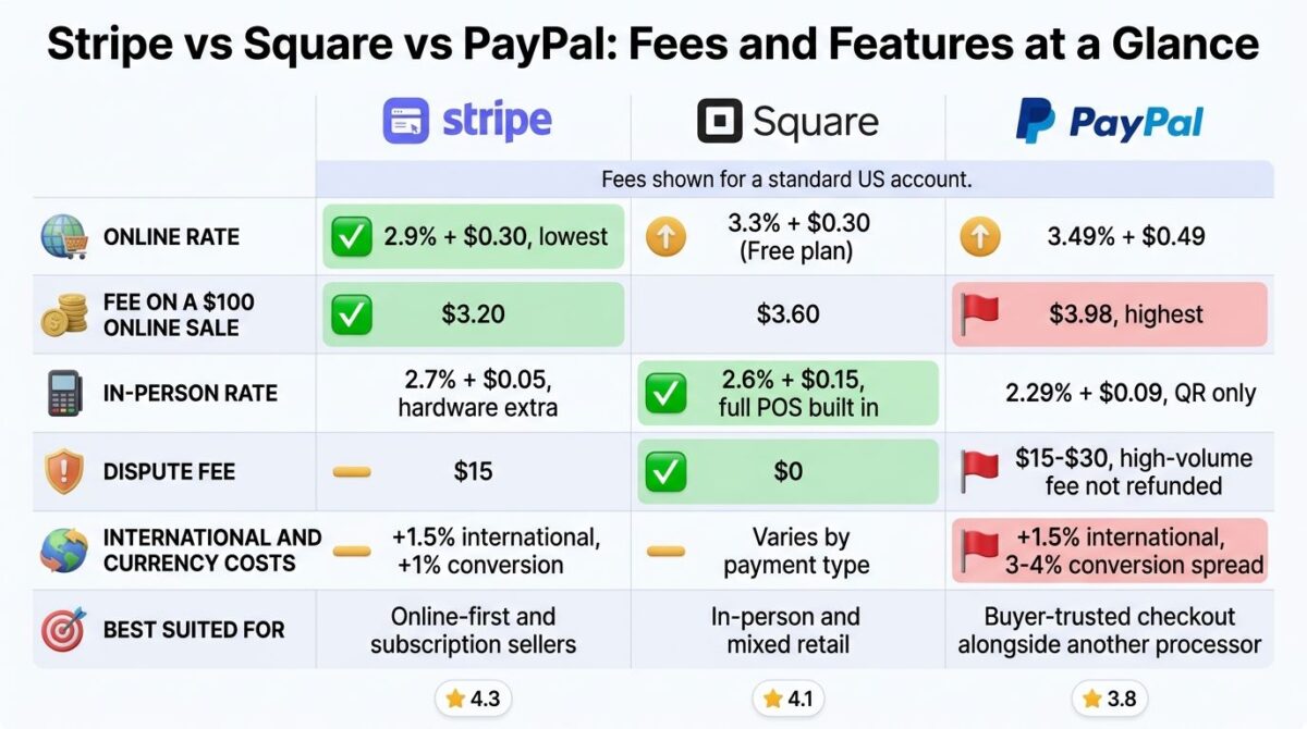 Fee and feature comparison grid for Stripe, Square, and PayPal covering online rate, fee on a $100 sale, in-person rate, dispute fee, international and currency costs, and best use case, with Stripe's lowest $3.20 online fee, Square's zero dispute fee, and PayPal's 3-4 percent currency spread highlighted.