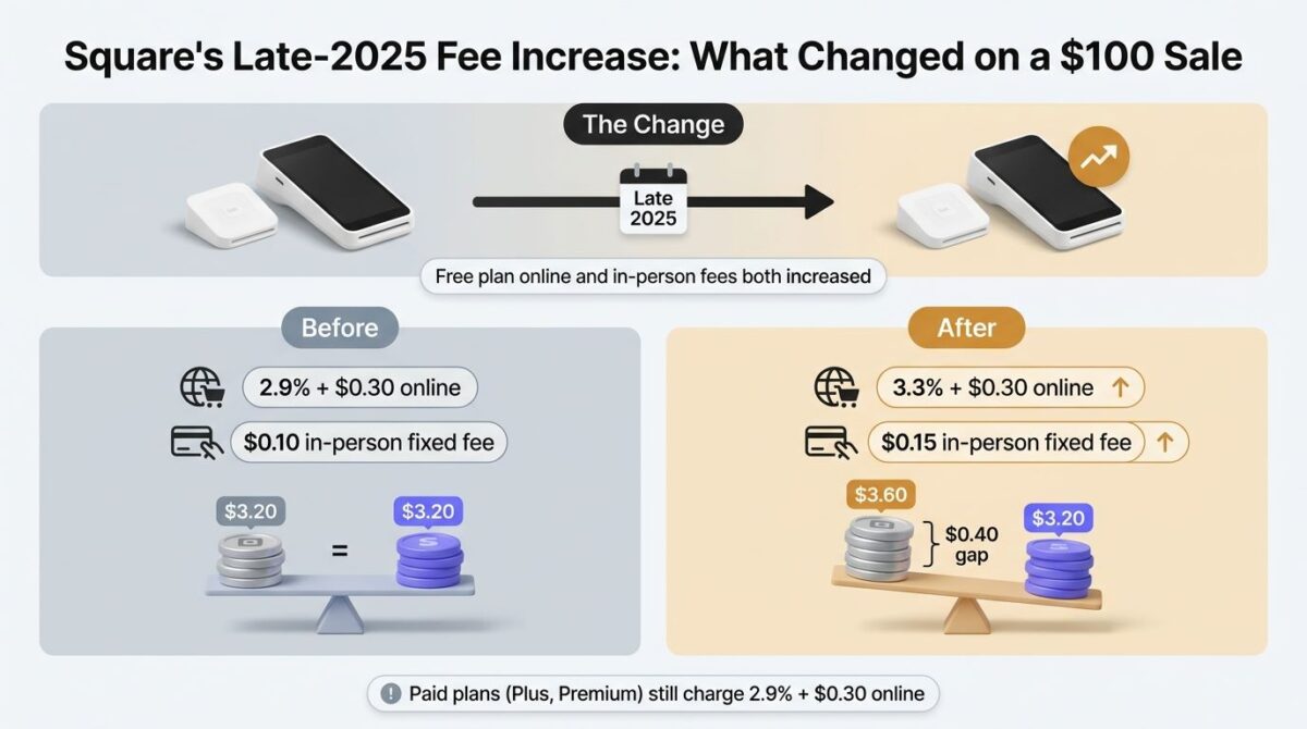 Stripe vs Square vs PayPal, Before-and-after graphic of Square's late-2025 price increase, showing the Free plan online rate rising from 2.9 percent plus 30 cents to 3.3 percent plus 30 cents and the in-person fee from 10 to 15 cents, with a balance scale tipping so Square's $3.60 sits above Stripe's $3.20 on a $100 sale.