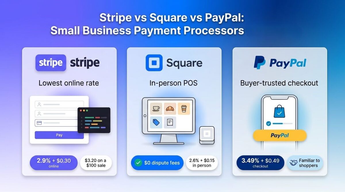 Stripe, Square, and PayPal compared side by side on the same $100 online sale, showing Stripe's checkout window with a $3.20 fee, Square's card reader and terminal with a $3.60 fee, and PayPal's checkout button with a $3.98 fee, each beside a shrinking coin stack.
