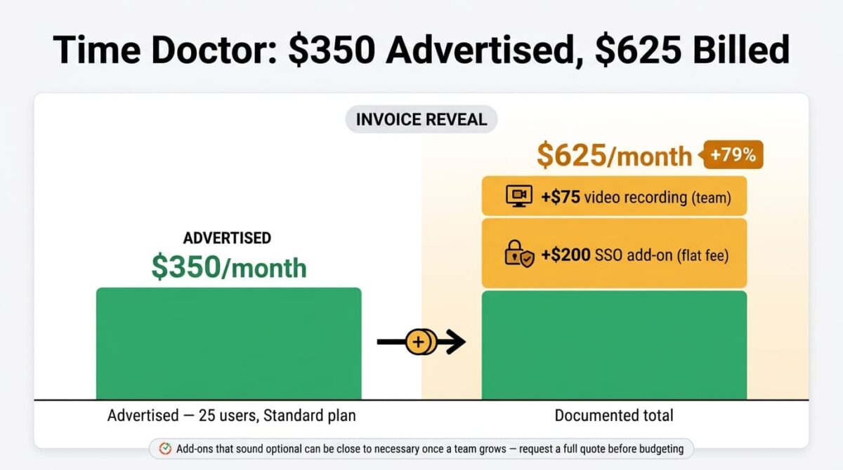 Invoice comparison graphic showing a 25-person Time Doctor Standard plan advertised at 350 dollars per month as a single green bar, next to a taller stacked bar totaling 625 dollars per month after a 200 dollar SSO add-on and a 75 dollar video recording add-on, a 79 percent increase.