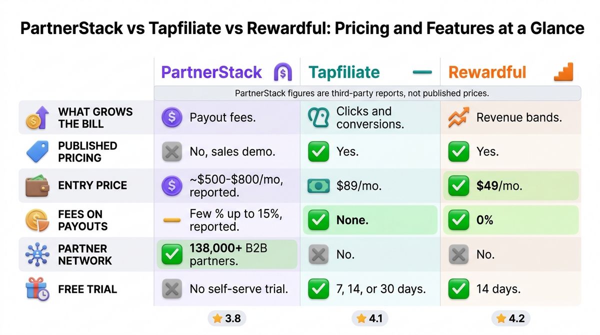 PartnerStack vs Tapfiliate vs Rewardful: Comparison grid of PartnerStack, Tapfiliate, and Rewardful covering what grows the bill, published pricing, entry price, payout fees, partner network, and free trial.