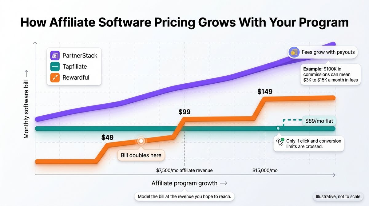 Line graph comparing affiliate software bills as a program grows: PartnerStack's climbing payout fees, Tapfiliate's flat line, and Rewardful's stair-step from $49 to $99.