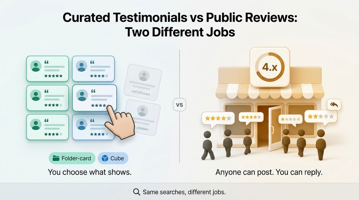 Split graphic contrasting a curated wall of testimonial cards a business picks with a public storefront where anyone posts reviews.