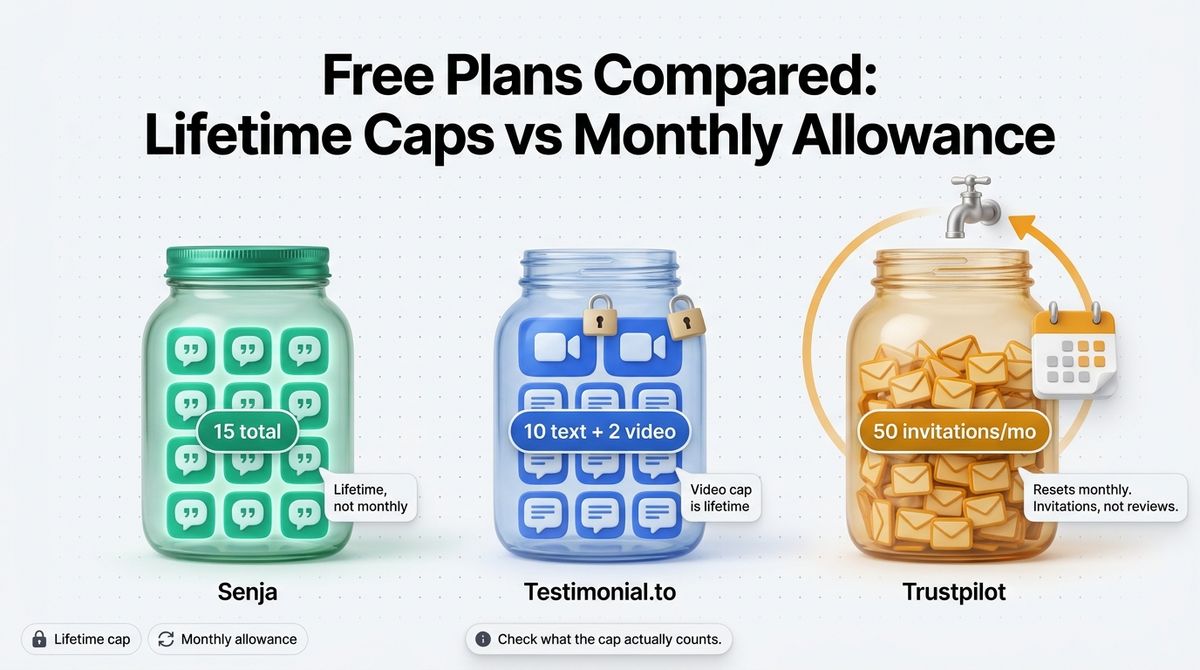 Three glass jars comparing free plans: Senja’s 15 lifetime testimonials, Testimonial.to’s 10 text and 2 video, and Trustpilot’s monthly 50 invitations.