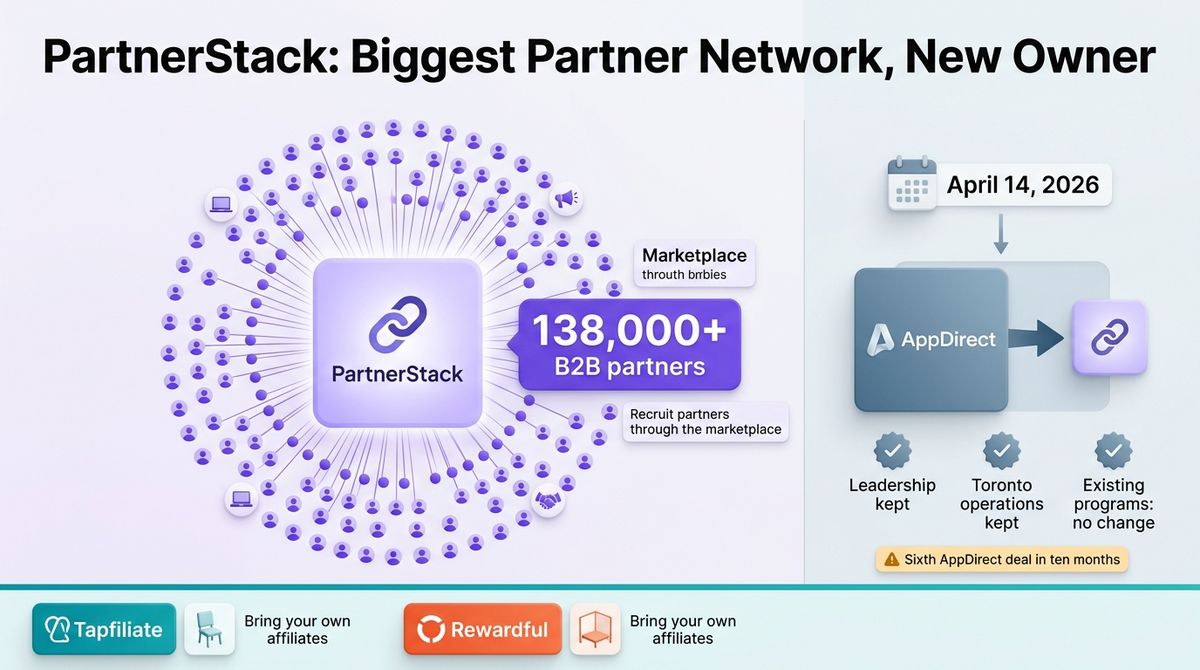 PartnerStack's marketplace of 138,000 B2B partners beside an April 14, 2026 AppDirect acquisition timeline, with Tapfiliate and Rewardful marked bring-your-own-affiliates.