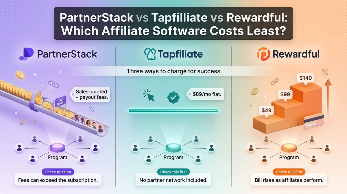 PartnerStack vs Tapfiliate vs Rewardful pricing models shown as a payout-fee toll gate, a flat price line, and a stair-step of revenue bands.