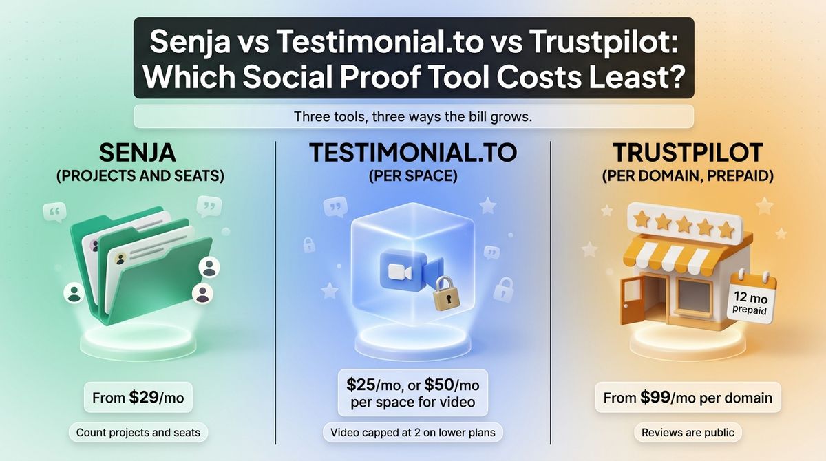 Senja vs Testimonial.to vs Trustpilot shown as project folders, a locked video space, and a public storefront, each with its own price tag.