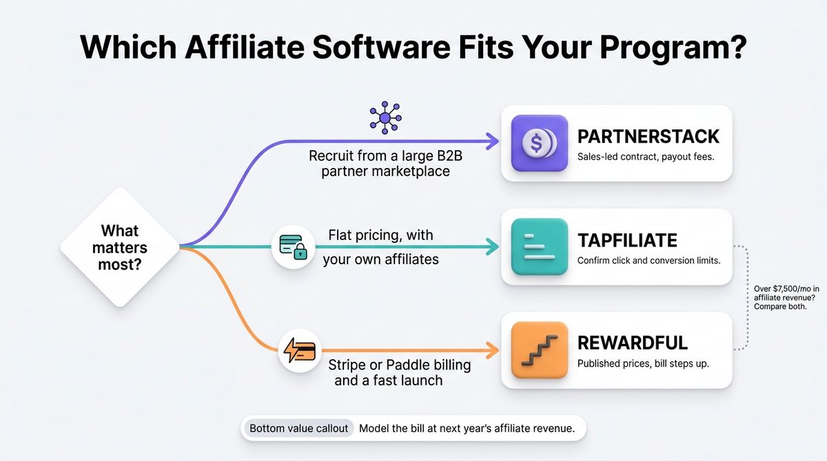 Decision flowchart for choosing affiliate software: a partner marketplace leads to PartnerStack, flat pricing to Tapfiliate, and fast Stripe setup to Rewardful.