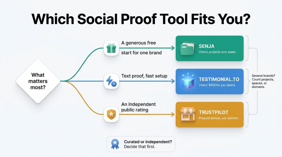 Decision flowchart for picking a social proof tool: a free single-brand start leads to Senja, fast text proof to Testimonial.to, public ratings to Trustpilot.